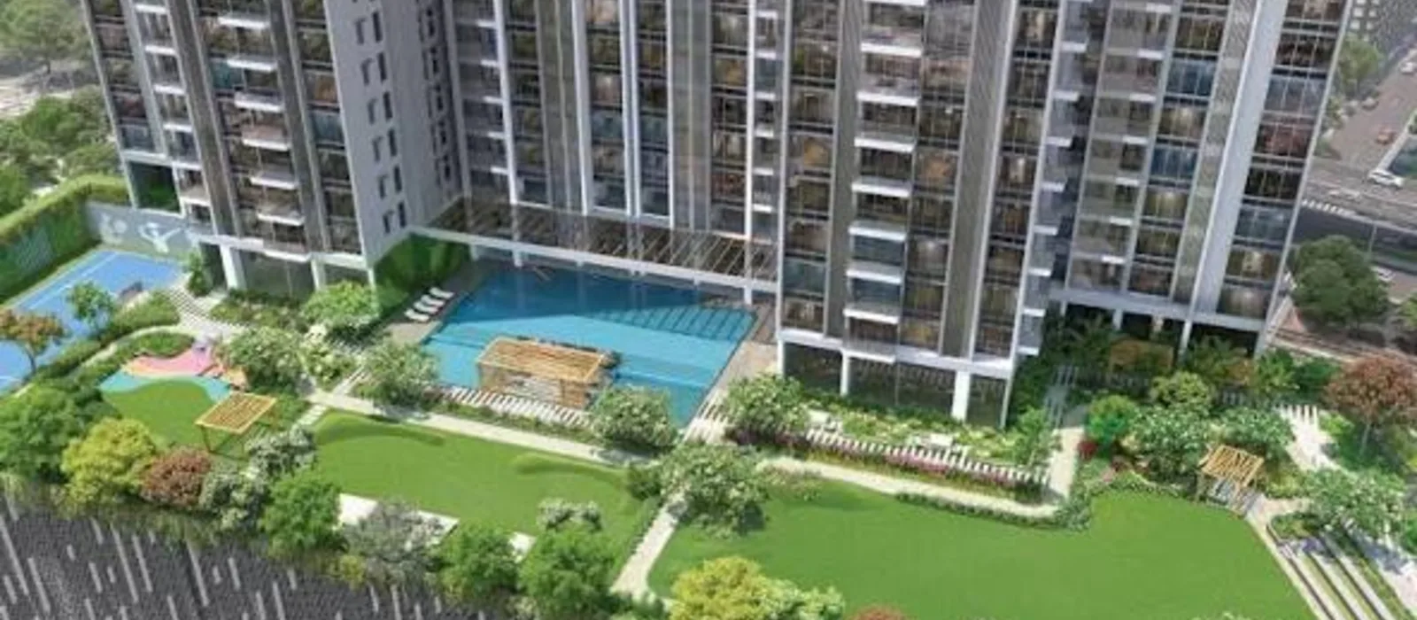 L&T Thanisandra aerial view of pool and lawn