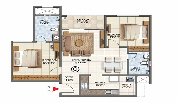 2 BHK, 1050 – 1,300 sq.ft. floor plan at L&T Thanisandra