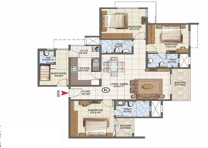 3 BHK, 1,550 - 1,850 sq.ft. floor plan at L&T Thanisandra