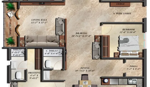 4 BHK, 2,000 - 2,400 sq.ft. floor plan at L&T Thanisandra